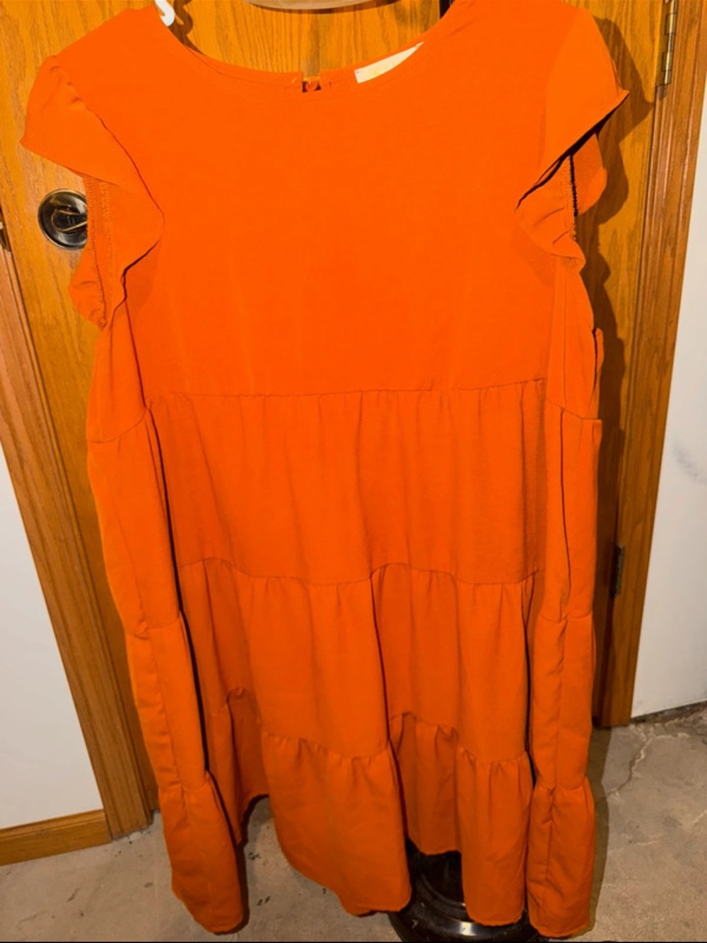 Sleeveless Orange Tiered Midi Dress with Ruffle Shoulders